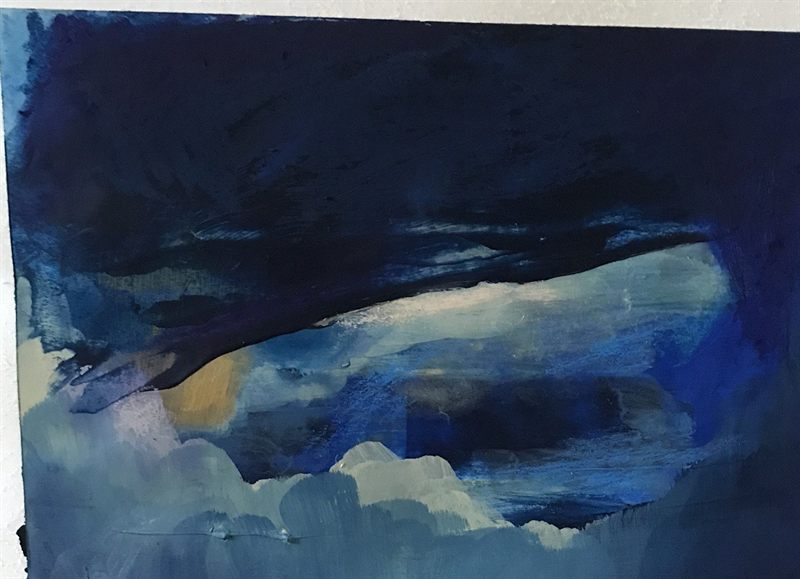 Abstract painting in deep navy and cobalt with a pale horizontal break and a small ochre mark.