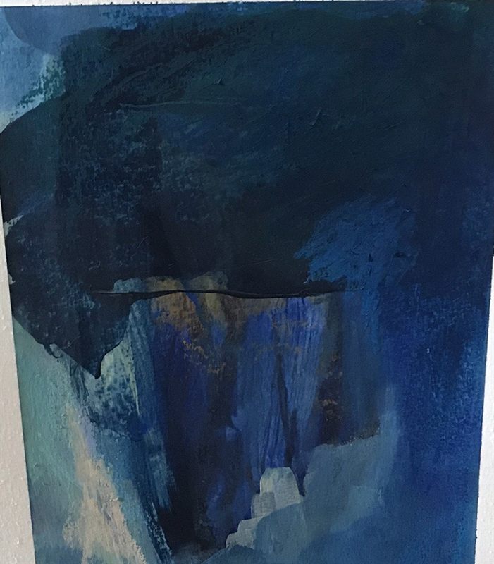 Abstract painting in dark teal and blue with a pale vertical fall of light at the centre.