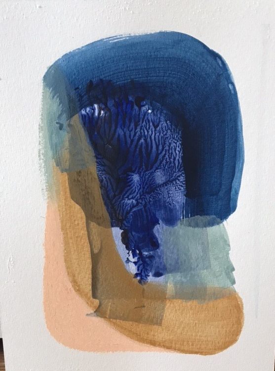 Abstract form on white paper: an arch of blue over blocks of sage, apricot and ochre.