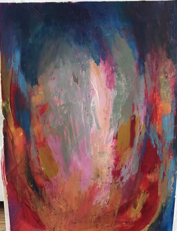Dense abstract painting in red, pink and orange rising into a dark blue-green upper field.