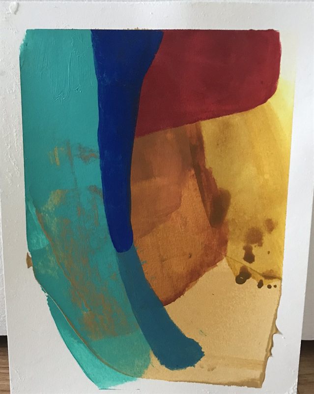 Abstract painting: a teal sweep and cobalt stripe beside crimson and translucent yellow washes.