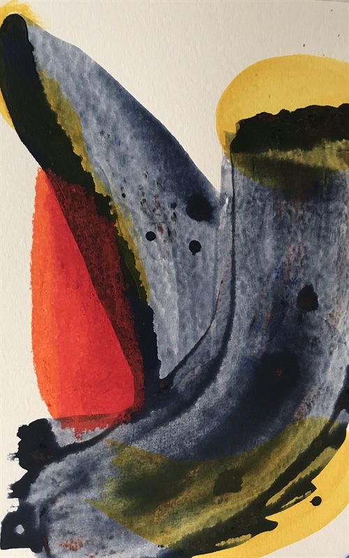 Abstract painting: grey-violet curved forms with a vermilion wedge, olive green and yellow discs.