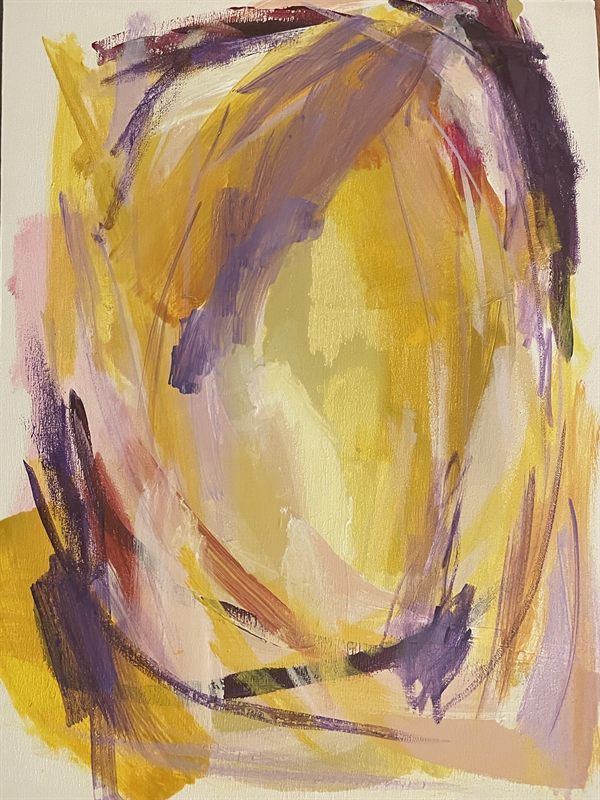 Gestural abstract painting in yellow and violet, brushstrokes circling a pale centre.