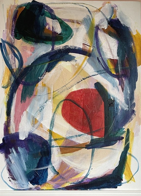 Abstract painting with looping dark green and navy lines around a flat red oval on cream.