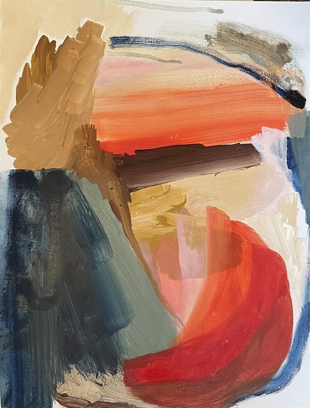 Abstract painting in slate blue, sand and coral with a sweeping red crescent.
