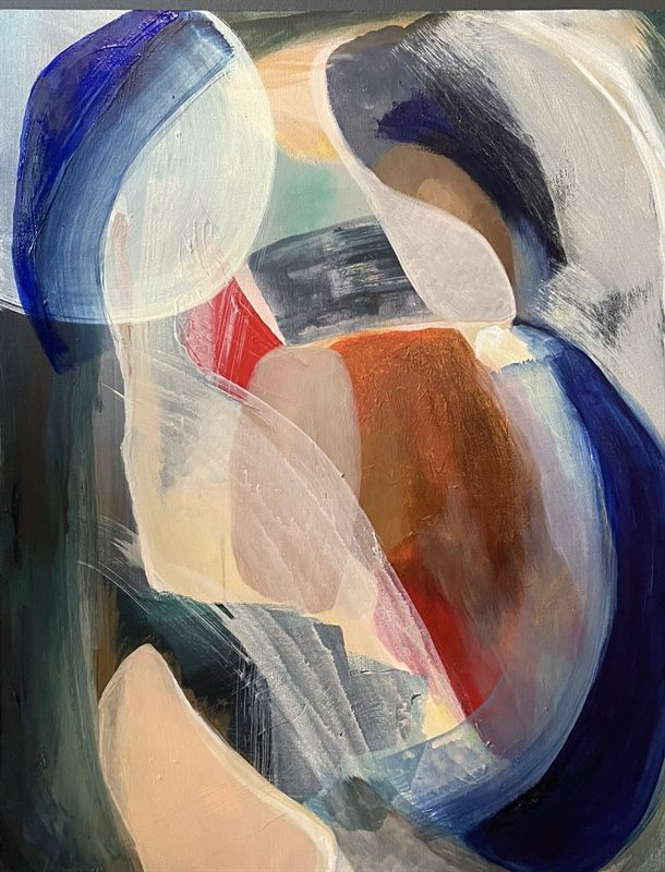 Soft-edged abstract painting of overlapping translucent forms in ultramarine, rust and bone.