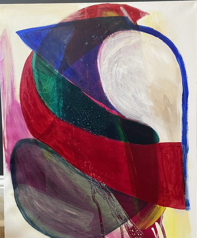 Bold abstract painting: a crimson band cutting across green, magenta and a white dome, outlined in blue.