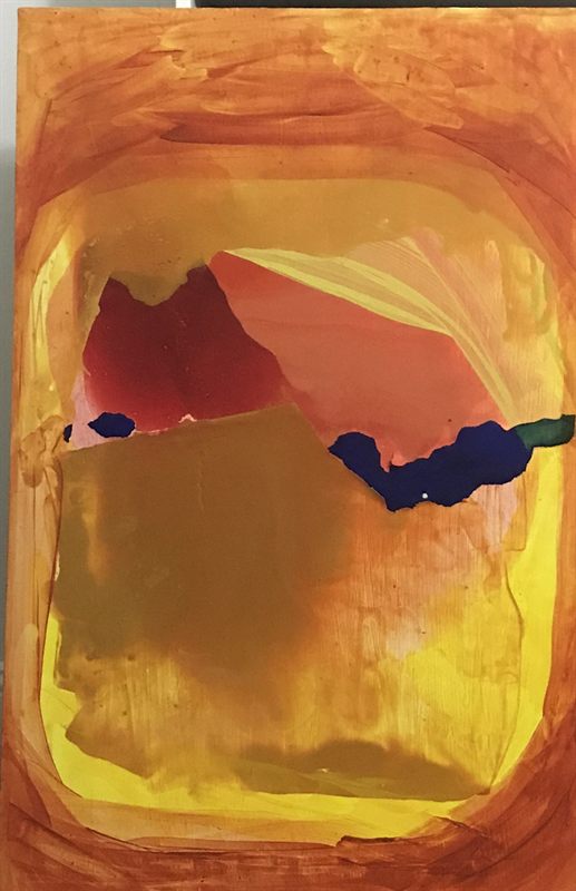 Abstract painting glowing in orange and yellow with red and coral peaks and a cobalt mark.
