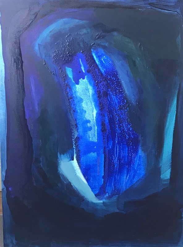 Deep blue abstract painting with a luminous cobalt and turquoise core opening at the centre.